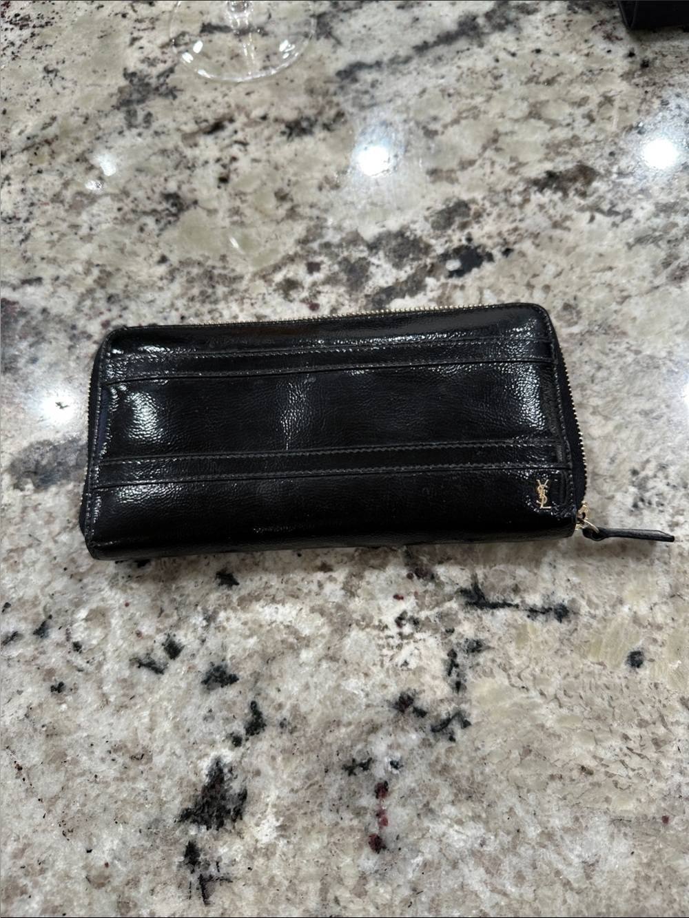 Vintage YSL patent Black Leather Zip-Around Wallet with Gold Logo